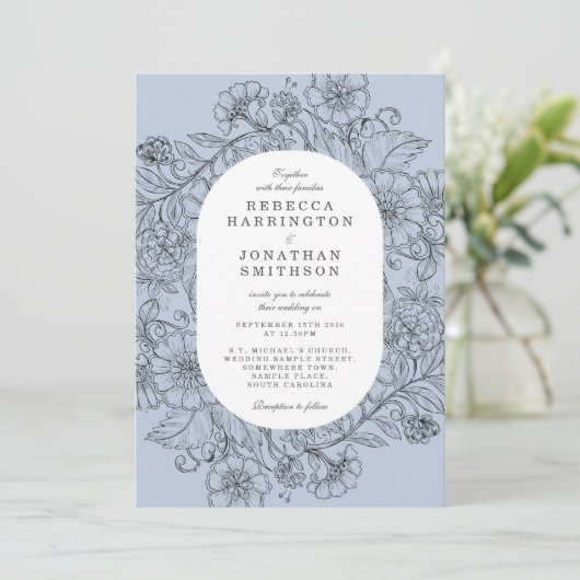 Bloemen Stoffig Blauw Foto Bruiloft Kaart (Staand voorkant)