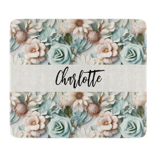 Bloemen stoffige groene crème naam script snijplank (Voorkant)