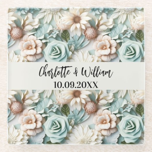 Bloemen stoffige groene crème namen bruiloft glazen onderzetter (Voorkant)