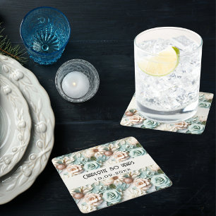 Bloemen stoffige groene crème verjaardagsnaam vierkante kartonnen onderzetter