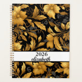 Bloemen stoffige zwart & gouden naamschrift planner (Voorkant)