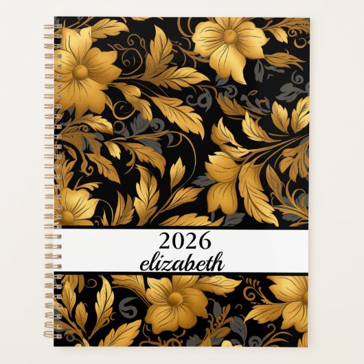 Bloemen stoffige zwart & gouden naamschrift planner (Voorkant)