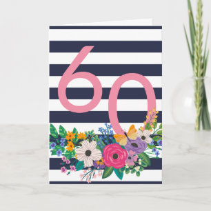 Bloemen & Strepen Roze 60 Happy Birthday Kaart
