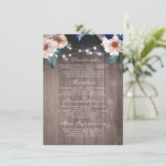 Bloemen String Lights Rustiek Hout Wedding Details Informatiekaartje (Staand voorkant)