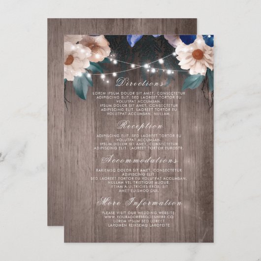 Bloemen String Lights Rustiek Hout Wedding Details Informatiekaartje (Voorkant / Achterkant)