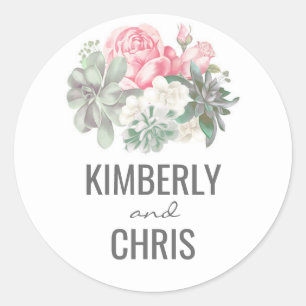 Bloemen Succulenten Boeket en Roze Rozen Bruiloft Ronde Sticker