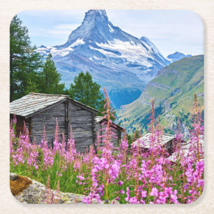 Bloemen Summer Matterhorn Zwitserland Vierkante Kartonnen Onderzetter