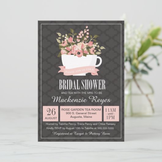 Bloemen Teacup Bruids Douche Uitnodiging, Tea Part Kaart (Staand voorkant)