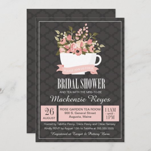 Bloemen Teacup Bruids Douche Uitnodiging, Tea Part Kaart (Voorkant / Achterkant)