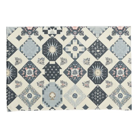 Bloemen Tegel Patchwork Navy Blue Kussensloop (Voorkant-Rechts)