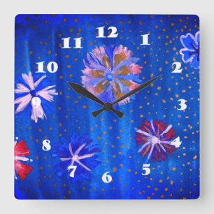 Bloemen Tekening Blauwe Zomer Vierkante Wandklok Klok