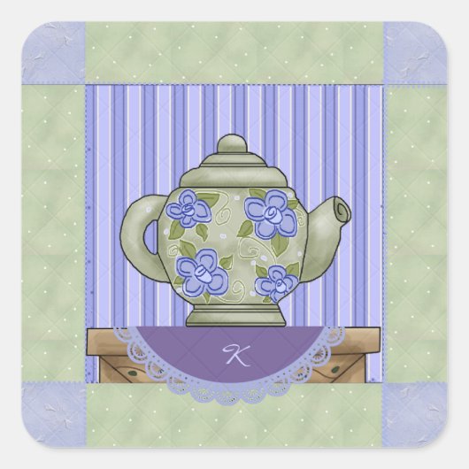 Bloemen Theepot Quilt Square Sticker (Voorkant)