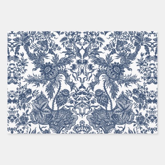 Bloemen Toile Navy Blauw en wit Decoupage Inpakpapier Vel (Voorkant 3)