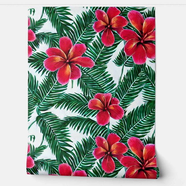 Bloemen tropisch oerwoud hibiscus botanisch behang (Afrollen)