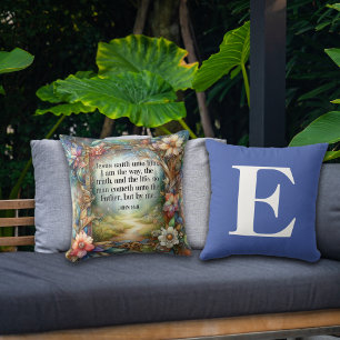 Bloemen Tuin Pad Schrift Blauw Monogram Kussen