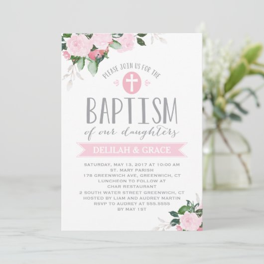 Bloemen | Tweeling meisjes doop uitnodiging (Staand voorkant)