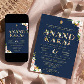 Bloemen Typografie Navy Anand Karaj Sikh Bruiloft Kaart
