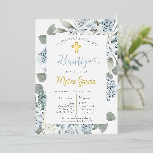 Bloemen uitnodiging voor blauwe doop in het Spaans (Staand Voorkant)