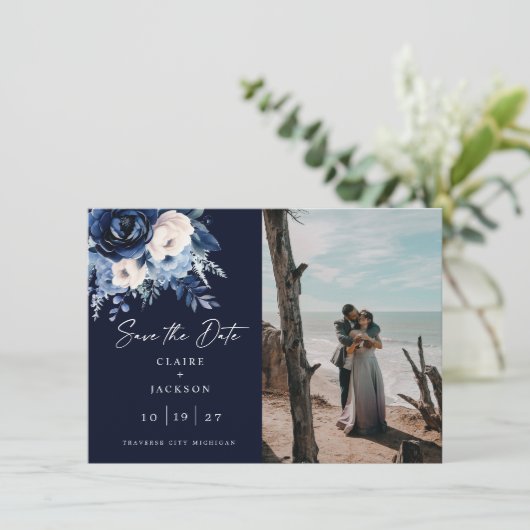 Bloemen van Blauwe Twee foto Save The Date (Staand voorkant)
