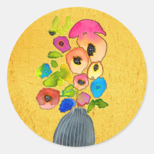 bloemen van waterverf, vaas ronde sticker