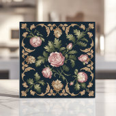  Bloemen Victoriaans Damask Roze Rozen Navy Tegeltje