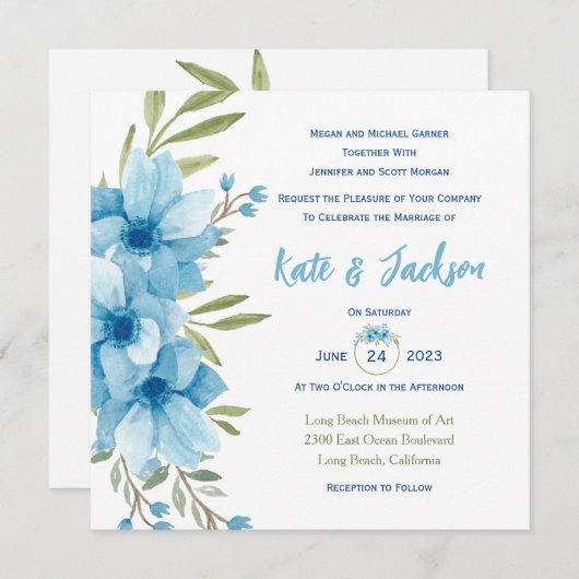 Bloemen Vierkantige Uitnodiging in Blauwe Waterver (Voorkant / Achterkant)