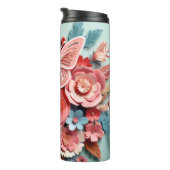 Bloemen & Vlinder - Blauw - Slanke thermische Tumb Thermosbeker (Geroteerd rechts)