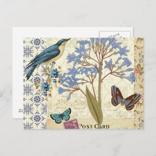 Bloemen, vlinders en collage van vogels briefkaart (Voorkant / Achterkant)