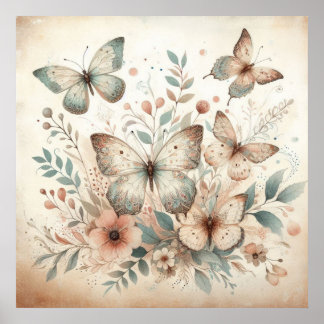 Bloemen vlinders in pastel kleuren waterverf poster