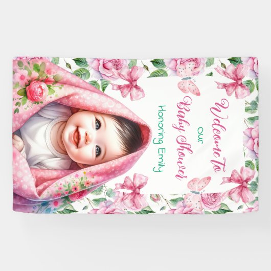 Bloemen & Vlinders Roze Baby shower Welkom Spandoek (Horizontaal)