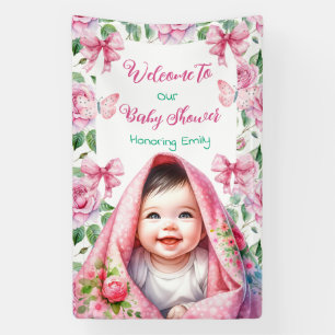 Bloemen & Vlinders Roze Baby shower Welkom Spandoek