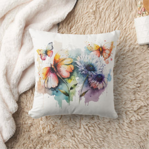 Bloemen Vlinders Waterverf Geel Blauw Paars Kussen