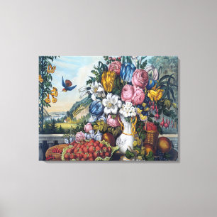 Bloemen Vogel Fruit Stilleven Canvas Afdruk