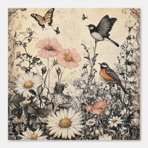 Bloemen, vogels en vlinders op oud papier (1) behang