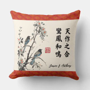 Bloemen vogels moderne Chinese huwelijkswens Kussen