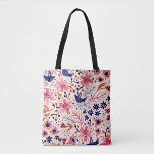 Bloemen, vogels, naadloos patroon. draagtas