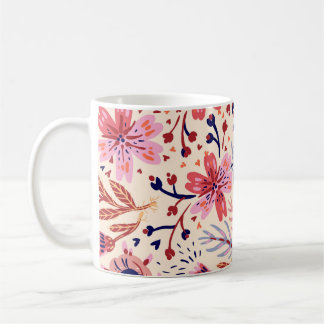 Bloemen, vogels, naadloos patroon. koffiemok