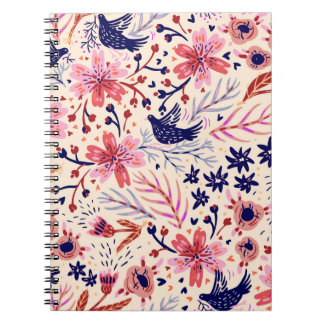 Bloemen, vogels, naadloos patroon. notitieboek