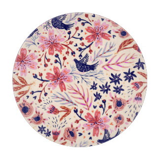 Bloemen, vogels, naadloos patroon. snijplank