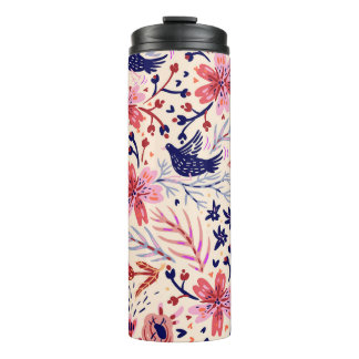 Bloemen, vogels, naadloos patroon. thermosbeker