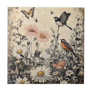Bloemen, Vogels & Vlinder op Verouderd Papier Tegeltje
