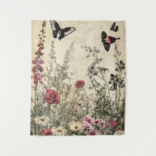 Bloemen, Vogels & Vlinder op Verweerd Papier (2) Wandkleed