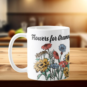 BLOEMEN VOOR OMA Blues/ Geel Personaliseerbaar Koffiemok