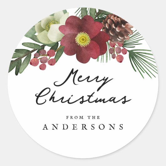 Bloemen Vrolijk Kerstfeest Ronde Sticker (Voorkant)