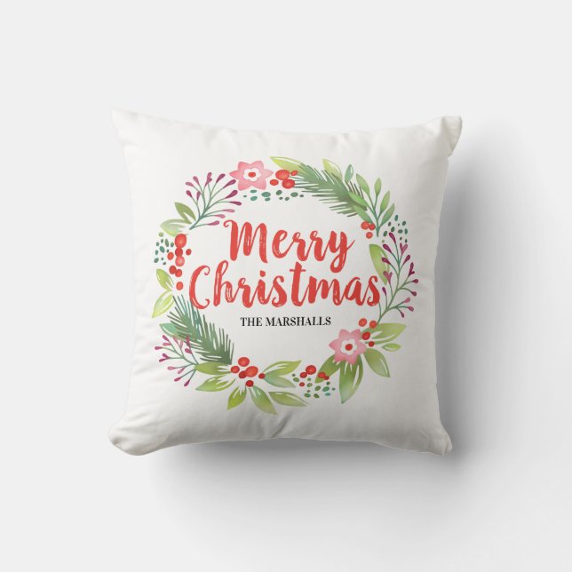 Bloemen Vrolijk Kerstmis Rode Berry Krans Kussen (Voorkant)