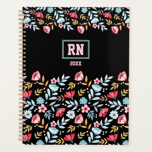 Bloemen Vrouwelijk Zwart Roze Blauw Kleurrijk Mono Planner (Voorkant)