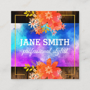 Bloemen Waterverf Boeket Gouden Rand Rustiek Hout Vierkante Visitekaartje