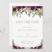 Bloemen Waterverf Bourgogne Goud Bloemen Bruiloft Save The Date (Voorkant / Achterkant)