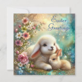 Bloemen Waterverf konijntje en lam Christelijk Pas Feestdagenkaart (Voorkant)