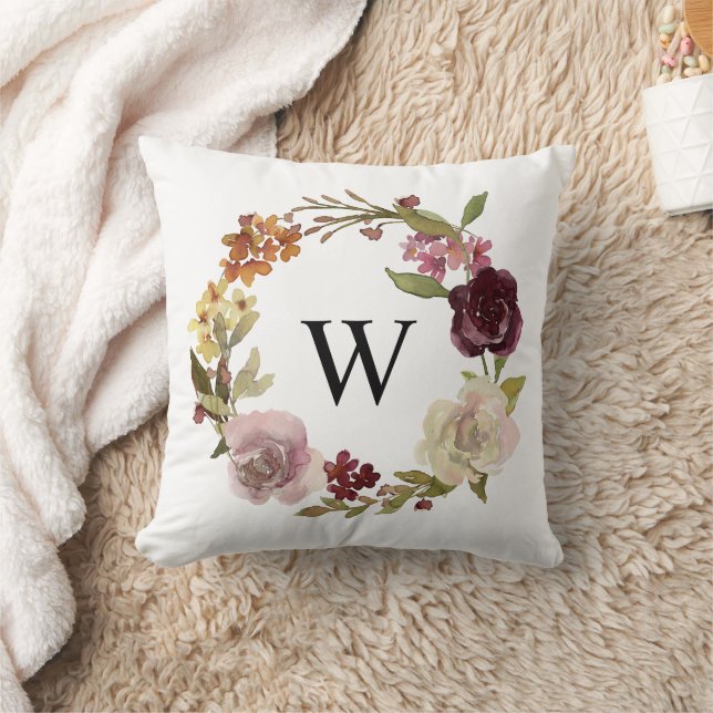Bloemen Waterverf Krans Monogram Wit Kussen (Deken)